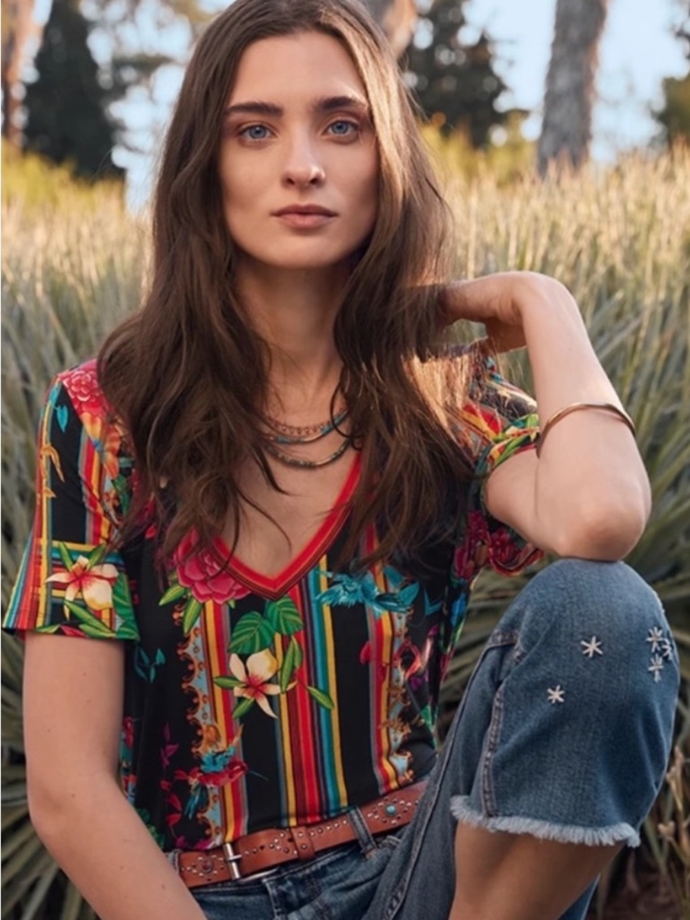 Johnny Was Andra Floral Bird Print V-Neck Bamboo Swing Tee Size S